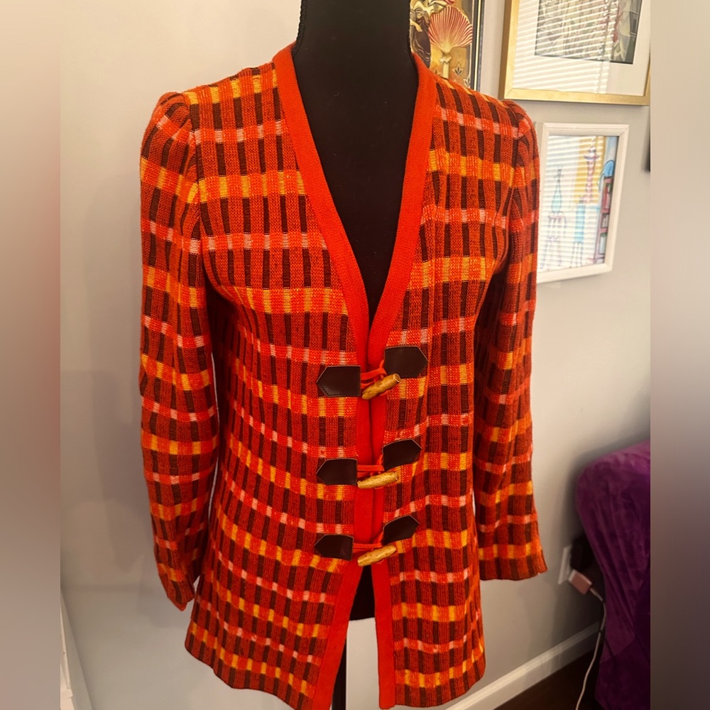 VNTG 70s Italian Made 100% Wool Plaid Orange Cardigan Sweater 🧡✨